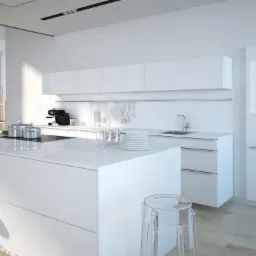 Nowoczesna, minimalistyczna kuchnia z białymi, lakierowanymi frontami, wyspą kuchenną i betonową ścianą w stylu loft.