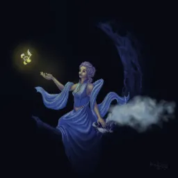 Cyfrowa ilustracja przedstawiająca kobietę w niebieskiej sukni siedzącą na księżycu, z dłońmi wyciągniętymi w stronę świecącego obiektu przypominającego roślinę. U jej stóp leży mały, ciemny zwierzak.