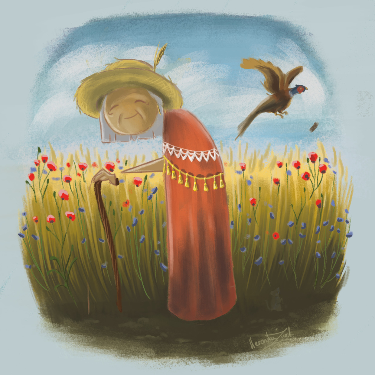Ilustracja przedstawia uśmiechniętą postać w słomkowym kapeluszu i czerwonej sukni, opartą o laskę, stojącą na polu z makami i chabrami, z bażantem w locie na tle nieba.