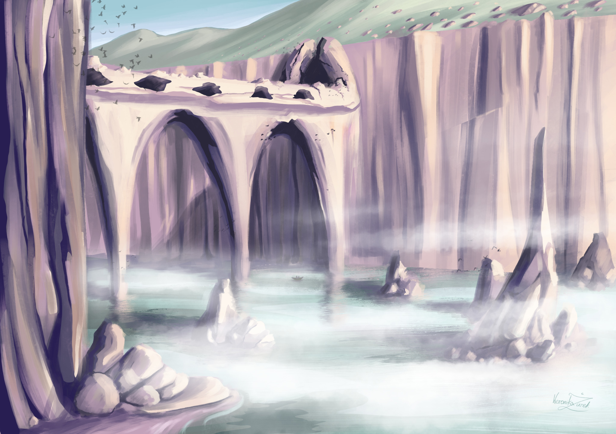 Cyfrowa ilustracja przedstawiająca skalne formacje z łukami i wodą w mglistym krajobrazie, stylizowane na malarstwo akwarelowe.