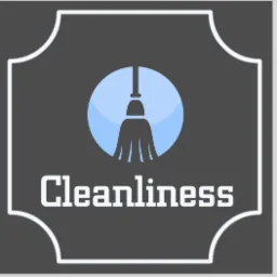 Graficzne logo firmy z symbolem mopa w błękitnym okręgu i napisem 'Cleanliness' na szarym tle z białą ramką.