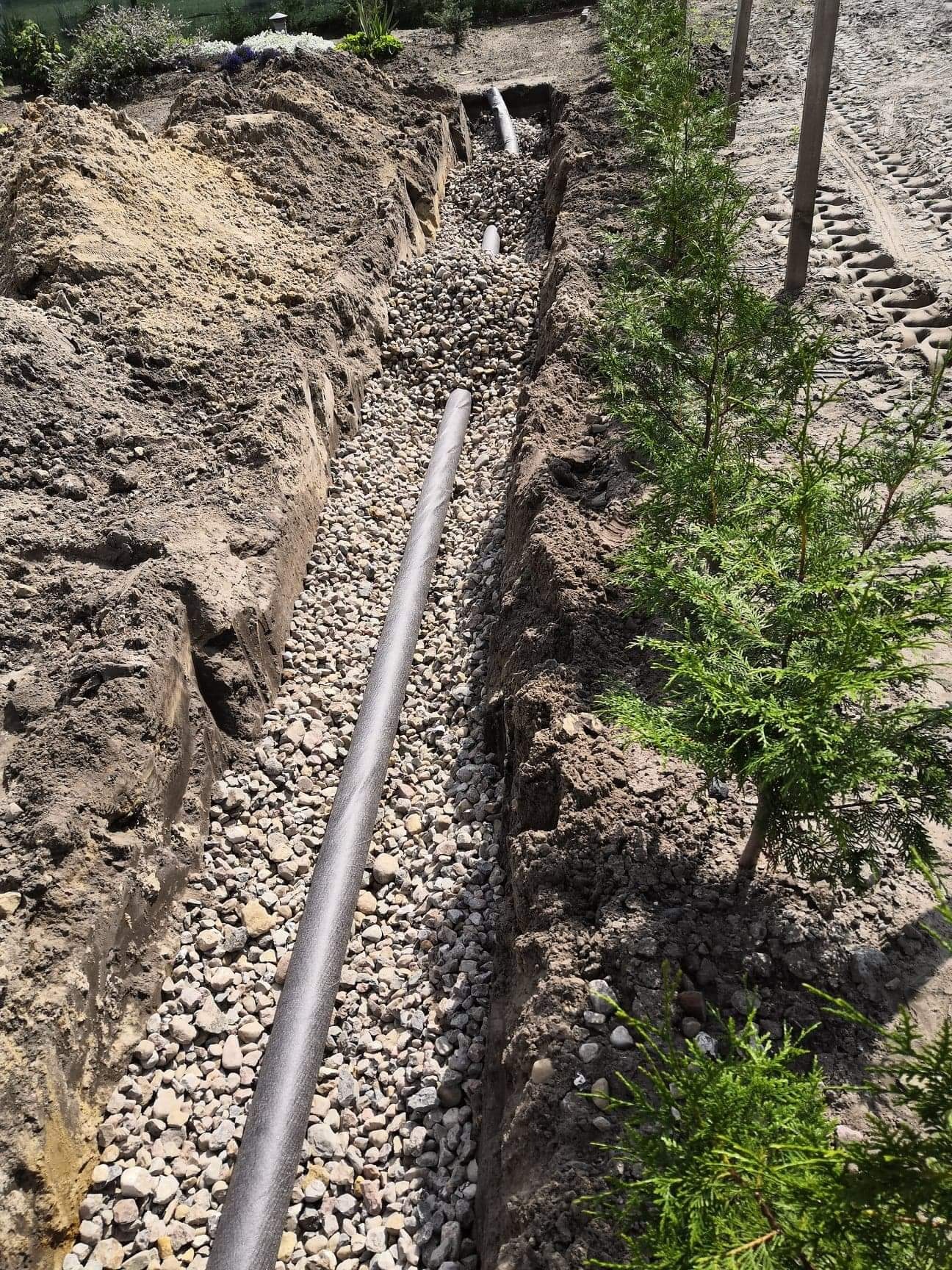 Wykop w ziemi wypełniony drobnymi kamieniami z ułożoną rurą drenażową, obok rosną młode tuje.