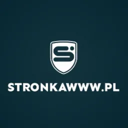 Minimalistyczne logo w kształcie tarczy z literą S na ciemnym turkusowym tle, poniżej nazwa domeny STRONKAWWW.PL białymi literami.