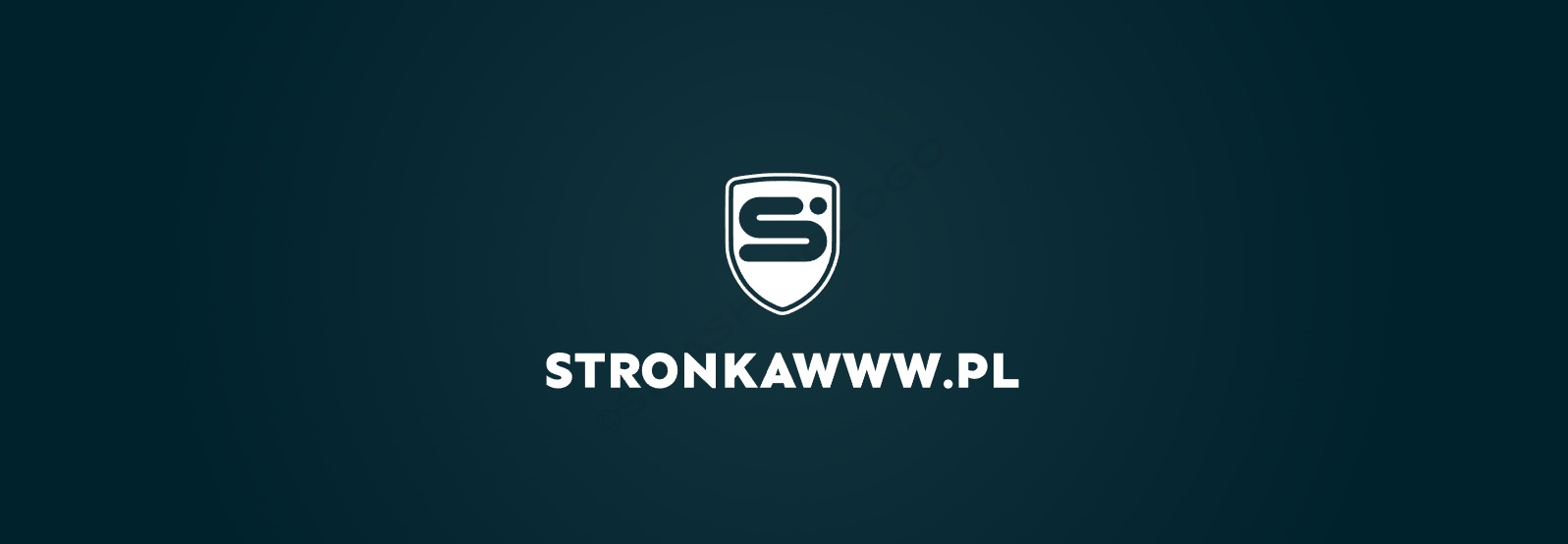 Minimalistyczne logo w kształcie tarczy z literą S na ciemnym turkusowym tle, poniżej nazwa domeny STRONKAWWW.PL białymi literami.