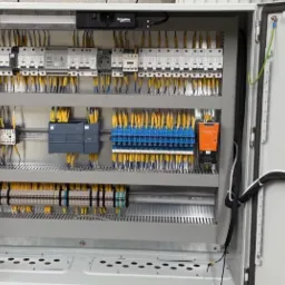 Wnętrze rozdzielnicy elektrycznej z widocznymi bezpiecznikami, stycznikami, modułem PLC Siemens i listwami zaciskowymi, połączonymi żółtymi przewodami.