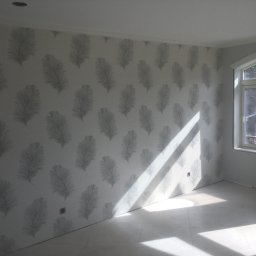 Dawid Fornal - Jasne pomieszczenie po malowaniu ścian, pokryte tapetą w szare piórka, z widocznym oknem i padającym światłem słonecznym.