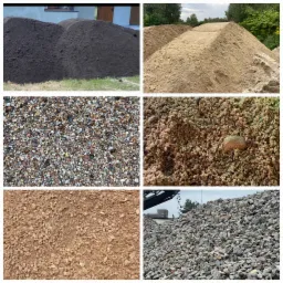 Kompozycja sześciu kadrów przedstawiających różne materiały sypkie: dwie pryzmy ciemnej i jasnej ziemi, zbliżenie na żwir, piasek z kamieniem, drobny żwir oraz górę gruzu budowlanego z elementami...