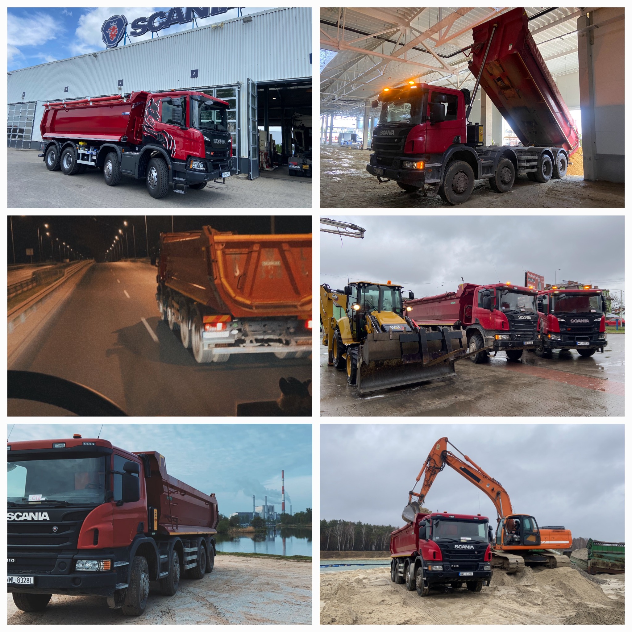 Zestawienie zdjęć czerwonych wywrotek Scania w różnych sytuacjach: przed serwisem, podczas rozładunku, w ruchu nocą, z koparko-ładowarką i koparką, na tle jeziora i elektrowni.