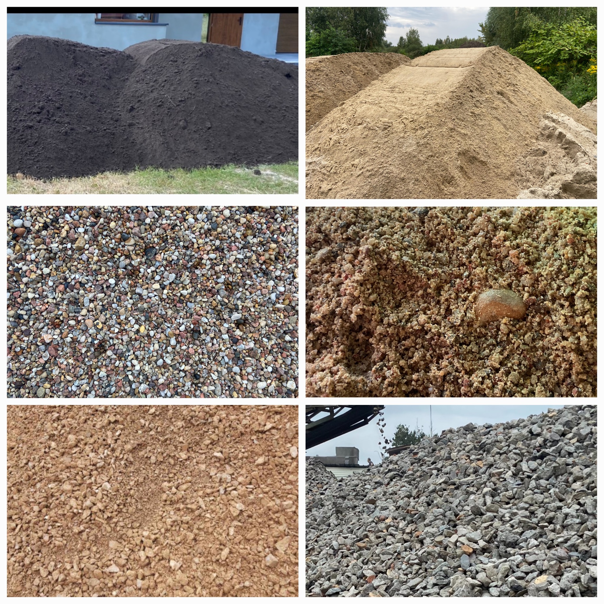 Kompozycja sześciu kadrów przedstawiających różne materiały sypkie: dwie pryzmy ciemnej i jasnej ziemi, zbliżenie na żwir, piasek z kamieniem, drobny żwir oraz górę gruzu budowlanego z elementami...