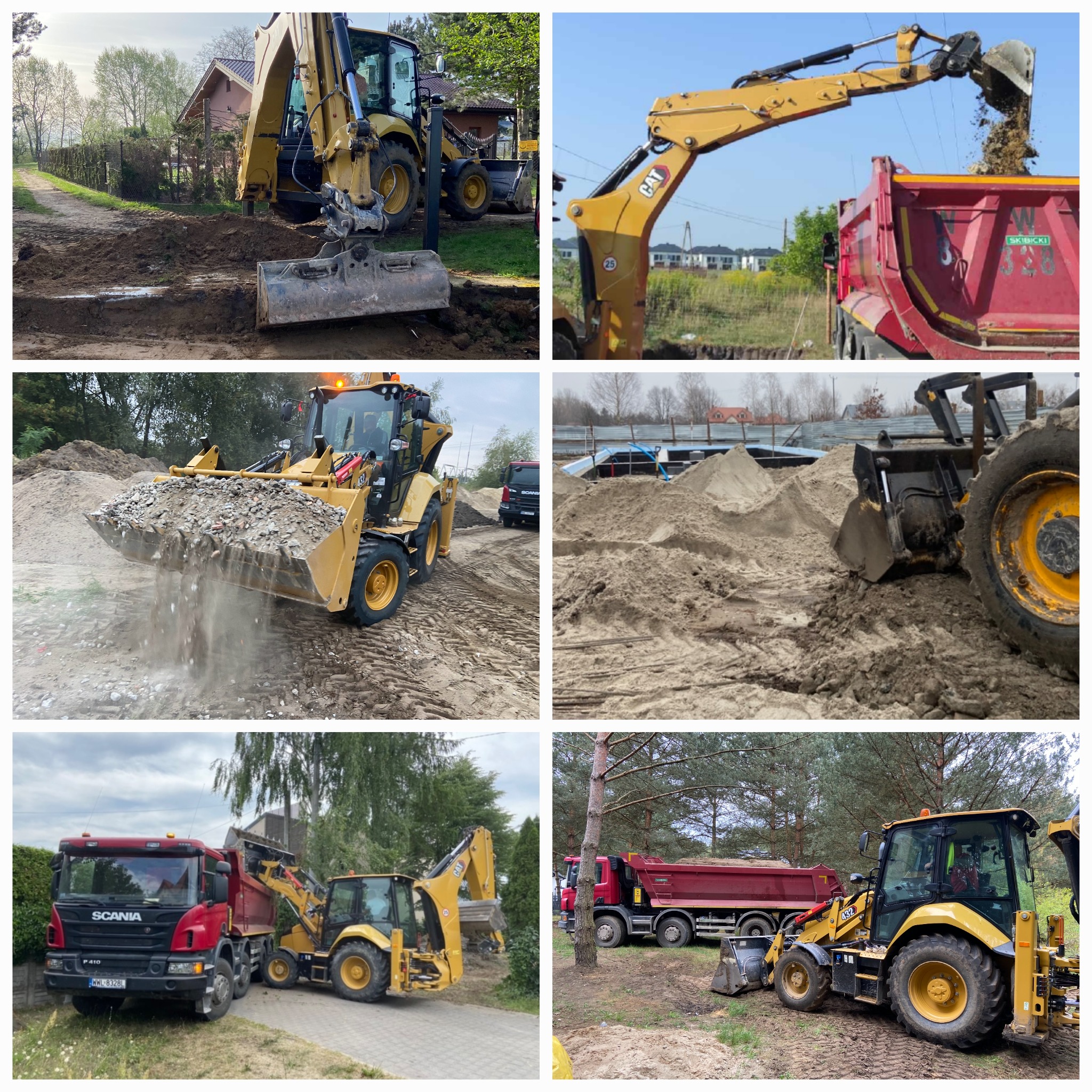 Żółta koparko-ładowarka Caterpillar podczas prac ziemnych: wykop, załadunek urobku na czerwoną ciężarówkę Scania, teren budowy z piaskiem i gruzem.