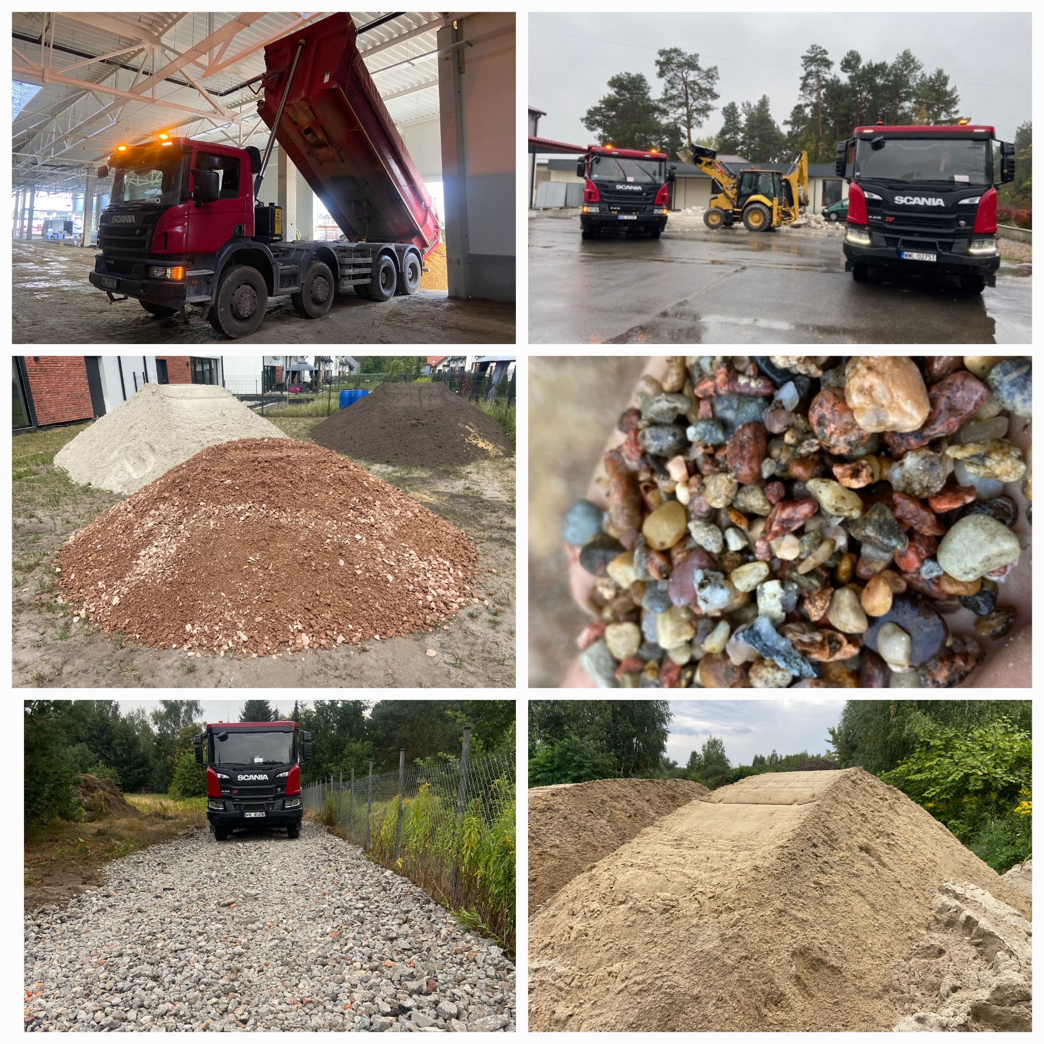 Kompozycja zdjęć: wywrotka Scania z podniesioną skrzynią wysypuje materiał, żółta koparko-ładowarka i dwie Scanie na placu, pryzmy piasku i kruszywa w ogrodzie, garść kolorowych otoczaków w dłoni...
