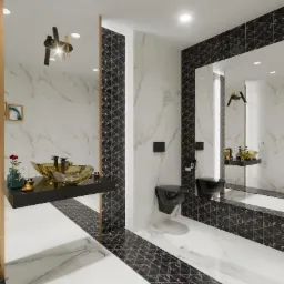 Elegancka łazienka z marmurowymi ścianami, czarną armaturą, złotymi umywalkami i geometrycznymi płytkami na podłodze i ścianach, oświetlona punktowymi lampami.