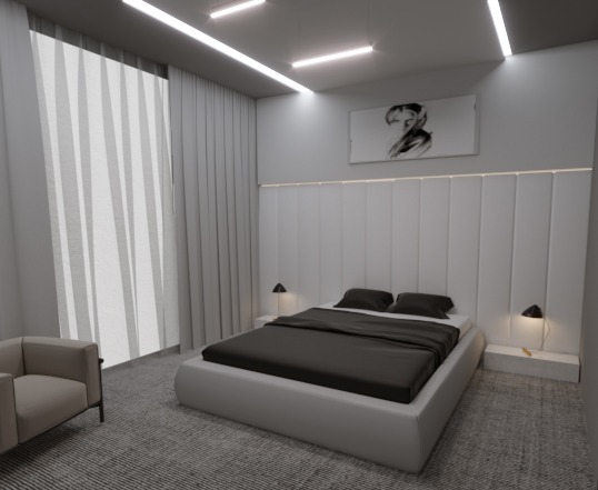 Minimalistyczna sypialnia z łóżkiem na niskiej platformie, wezgłowie z paneli, oświetlenie LED podsufitowe i boczne lampki nocne, szare zasłony i fotel w neutralnym odcieniu.