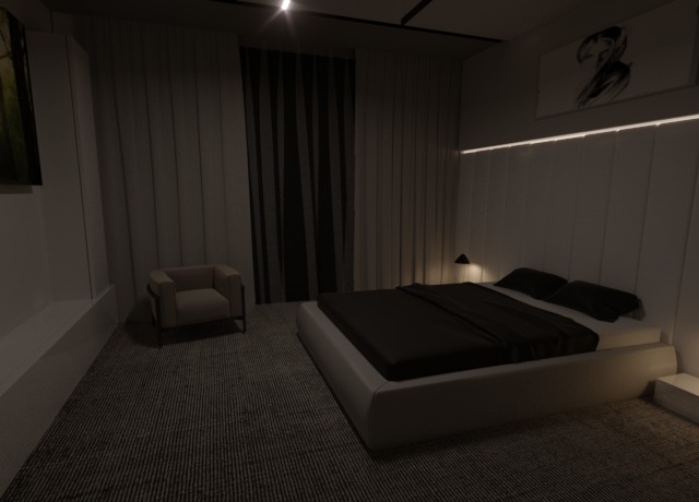 Nowoczesna sypialnia z niskim łóżkiem na podeście, minimalistycznym fotelem i ciemnymi zasłonami, oświetlona listwą LED na wezgłowiu.
