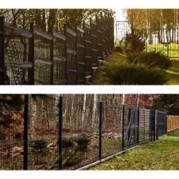Dwa ujęcia r&oacute;żnych typ&oacute;w ogrodzeń: jedno z czarnych paneli na tle drzew, drugie z siatki i element&oacute;w drewnianych, otoczone zielenią i lasem.