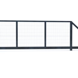 TOP GREEN Michał Gapys - Przesuwna brama z metalową siatką panelową w ciemnoszarym kolorze, widok z przodu na białym tle.