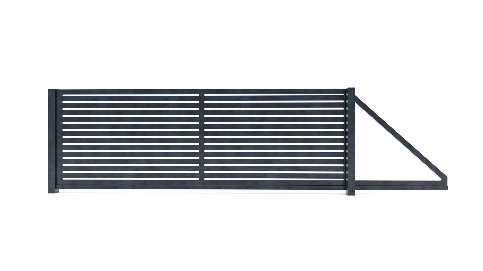 Nowoczesna brama wjazdowa z poziomych, metalowych profili, widok z przodu na białym tle.