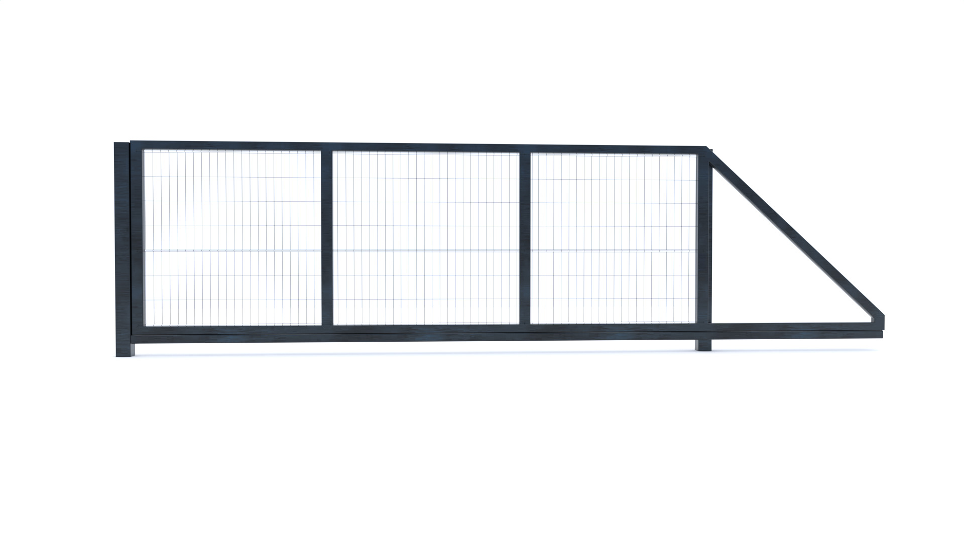 Przesuwna brama z metalową siatką panelową w ciemnoszarym kolorze, widok z przodu na białym tle.