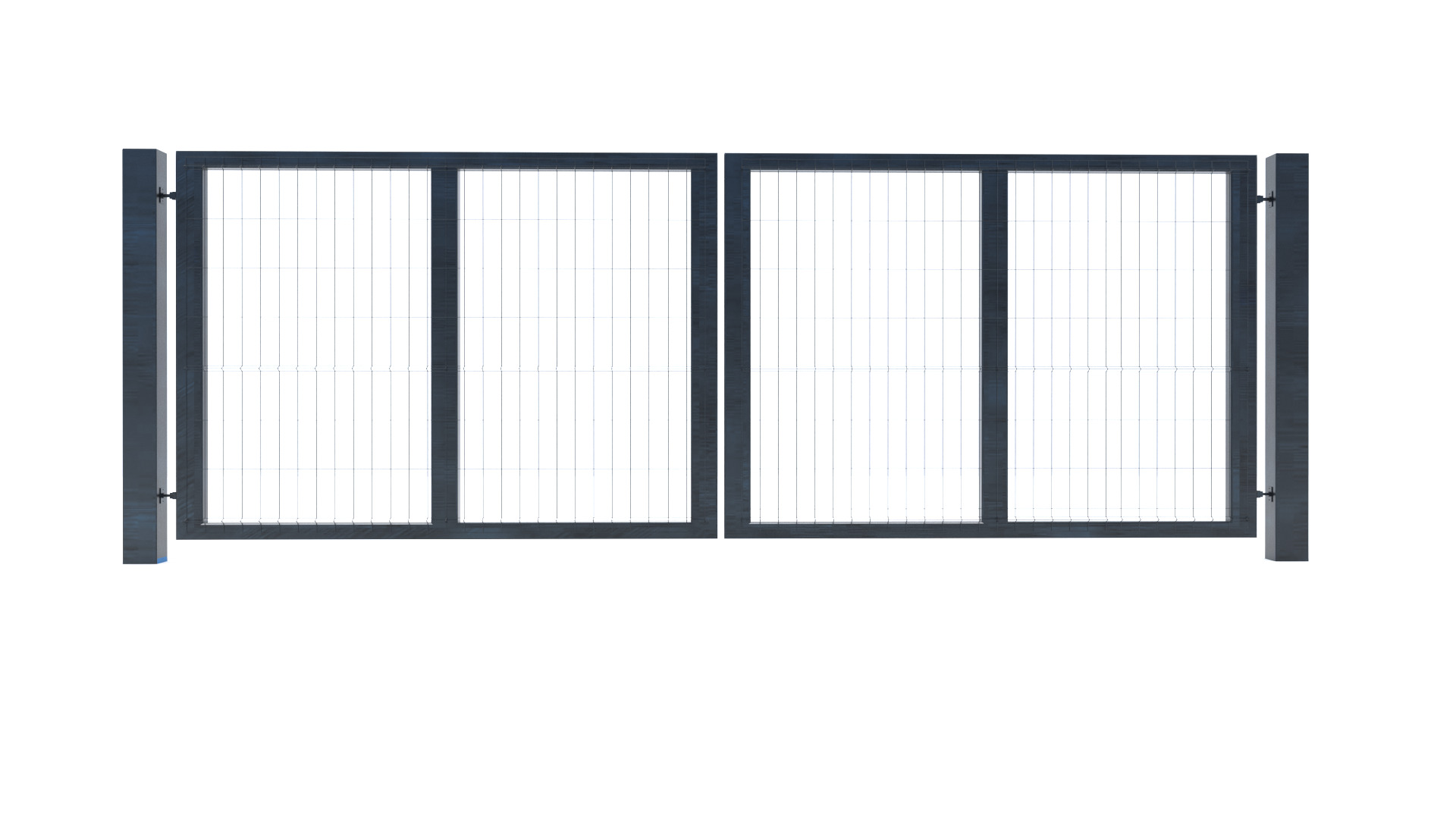 Dwuskrzydłowa brama wjazdowa, metalowa, z wypełnieniem panelowym z cienkich prętów, widok z przodu na białym tle.