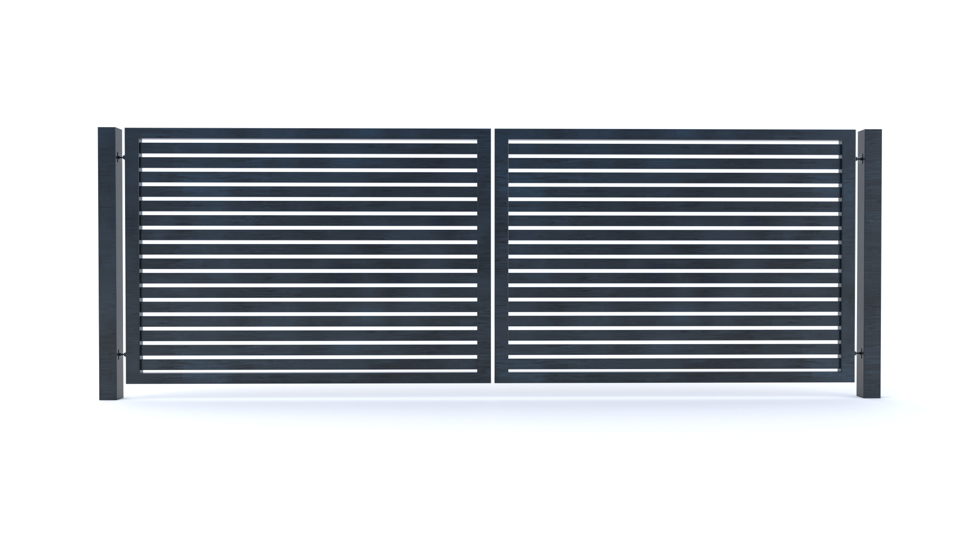 Nowoczesna dwuskrzydłowa brama wjazdowa z poziomych, metalowych profili, w kolorze grafitowym, na białym tle.