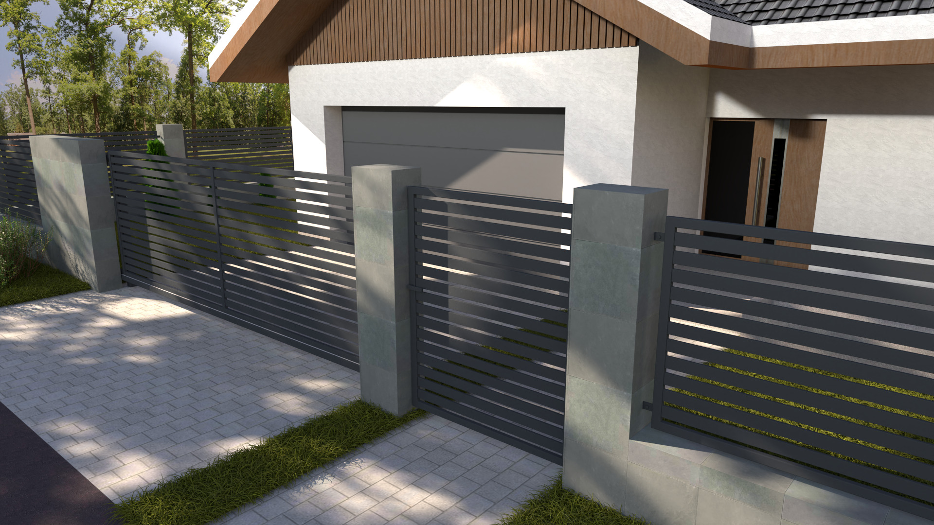 Nowoczesne, poziome przęsła w kolorze antracytowym z betonowymi słupkami tworzące ogrodzenie i bramę wjazdową do domu z garażem, widok z zewnątrz.