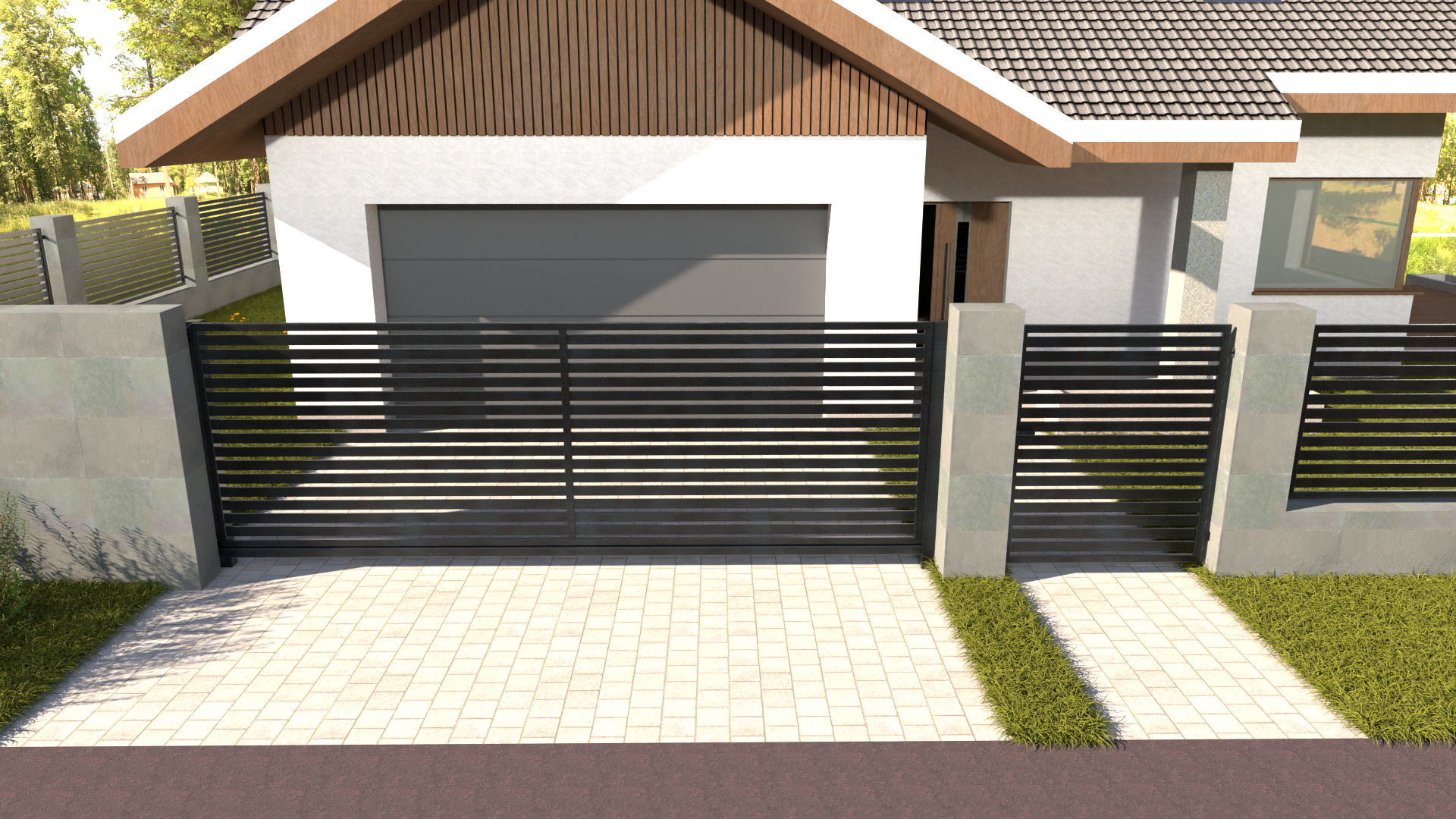 Nowoczesna, pozioma brama wjazdowa z czarnych, metalowych profili, osadzona na szarych, kamiennych słupkach, na tle domu z jasną elewacją i szarą kostką brukową.