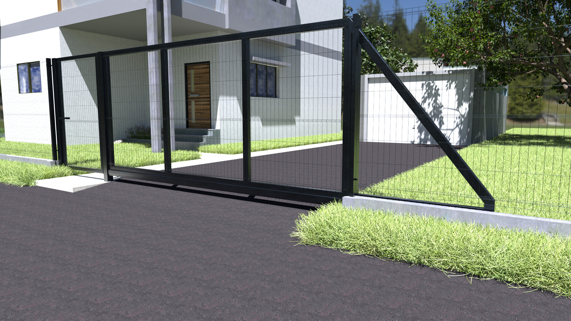 Nowoczesna, przesuwna brama wjazdowa z paneli metalowych w kolorze grafitowym, z widocznym mechanizmem przesuwnym i betonową podstawą, na tle domu z białym tynkiem i zielonym trawnikiem.