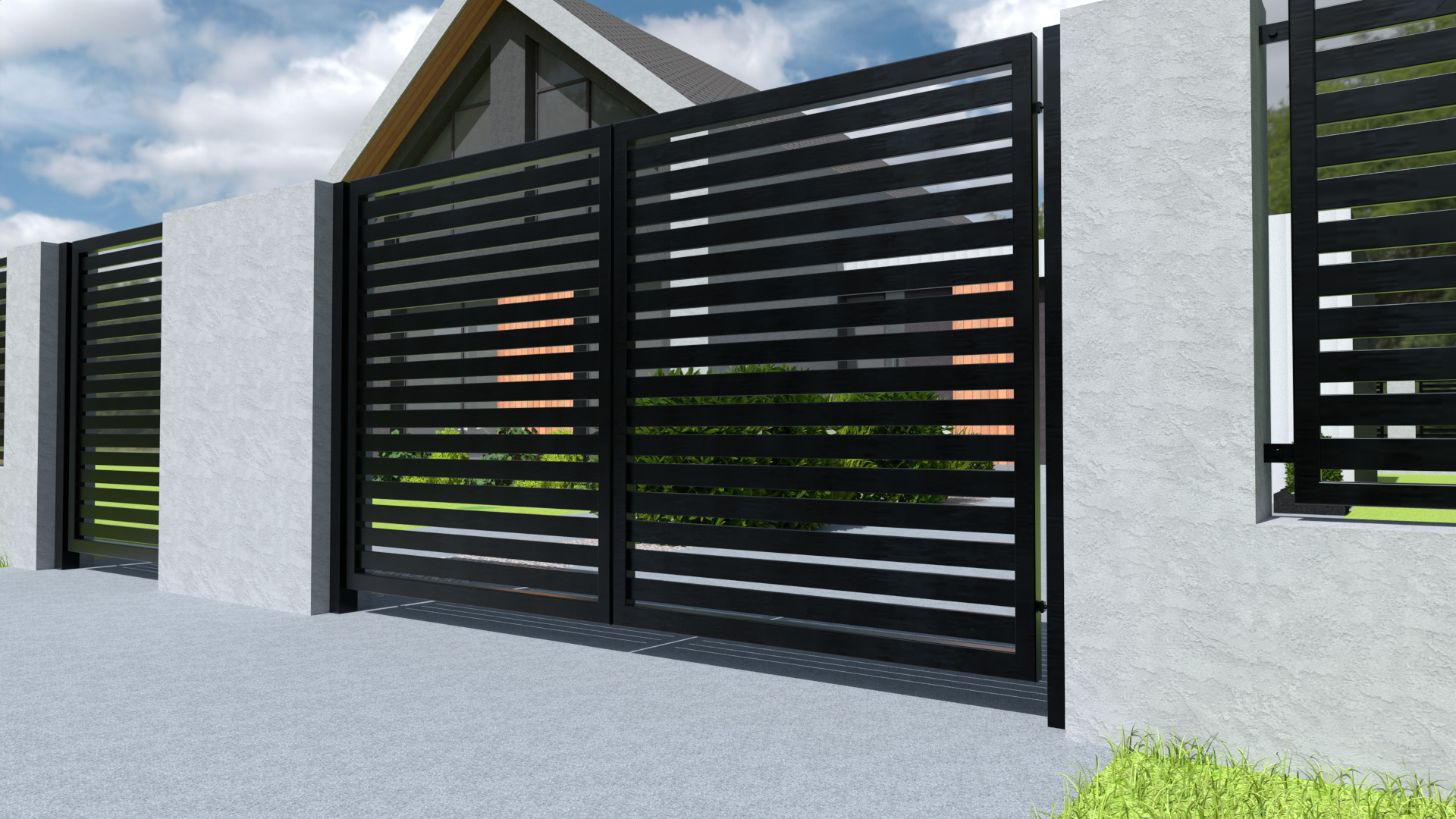 Nowoczesna, czarna brama wjazdowa z poziomych profili, osadzona w jasnoszarych, teksturowanych słupkach, z widocznym fragmentem domu w tle.