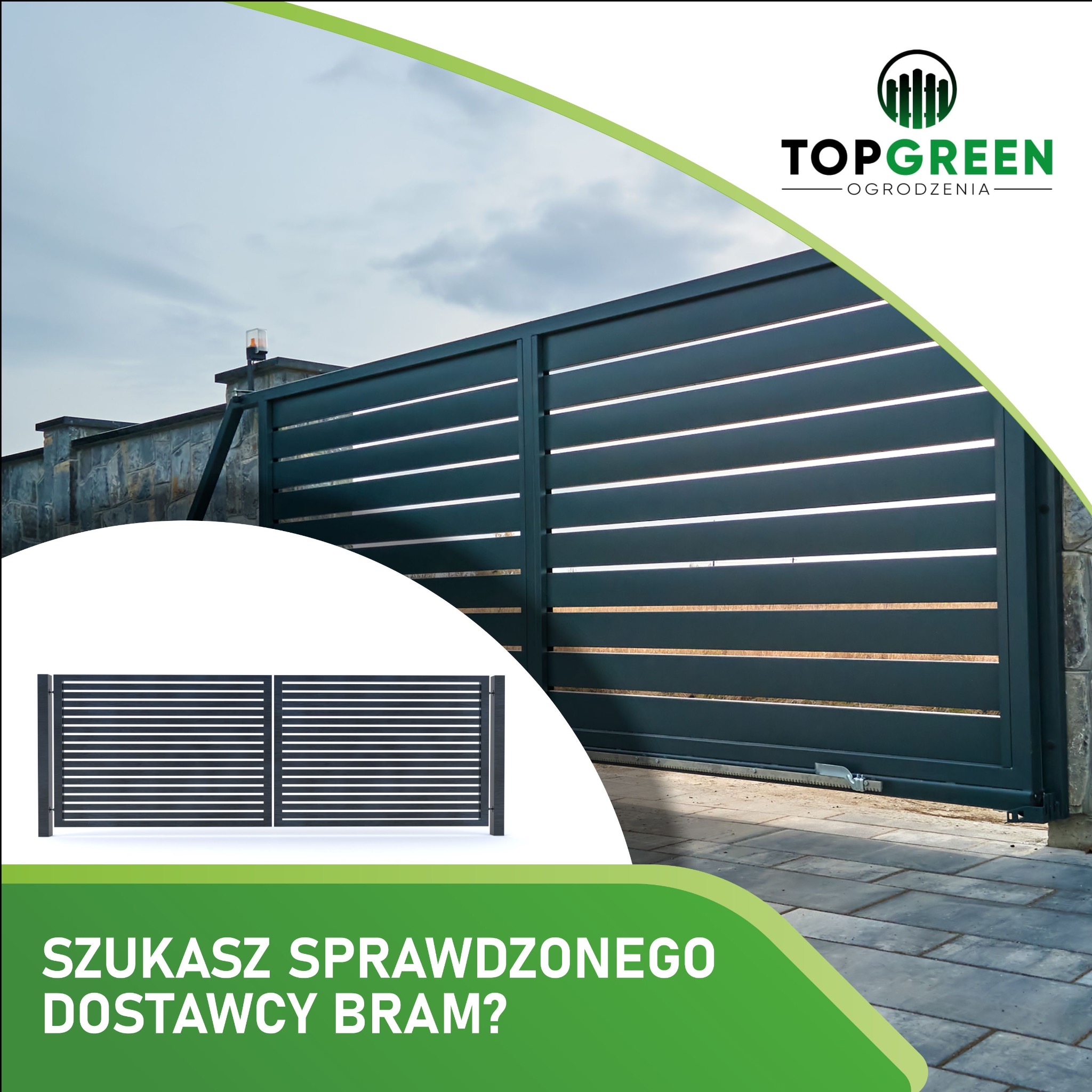Nowoczesna, przesuwna brama wjazdowa z poziomymi panelami, zautomatyzowana, widoczny mechanizm otwierania, obok filar z kamienia, reklama firmy z logo Top Green.