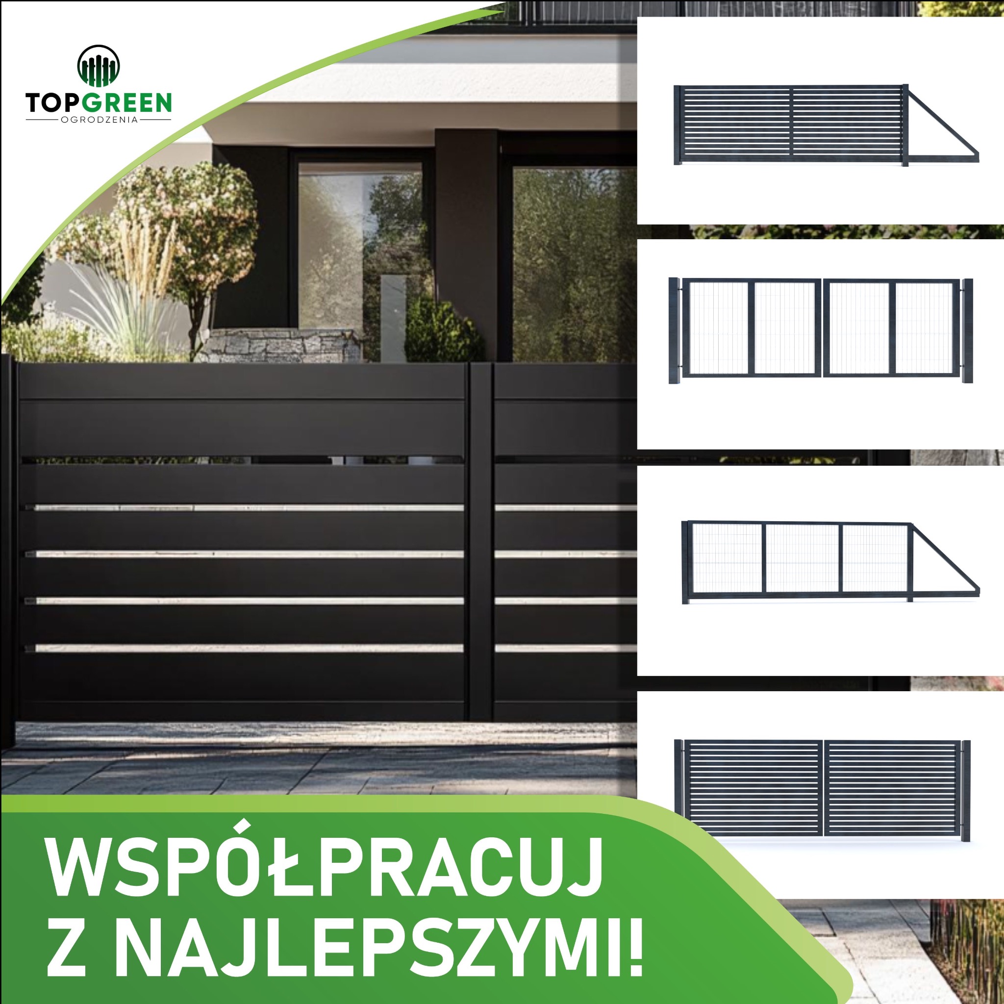 Nowoczesna, pozioma brama wjazdowa z metalu w kolorze antracytowym, z widocznym logo firmy na tle domu jednorodzinnego i dodatkowymi przykładami bram po prawej stronie.