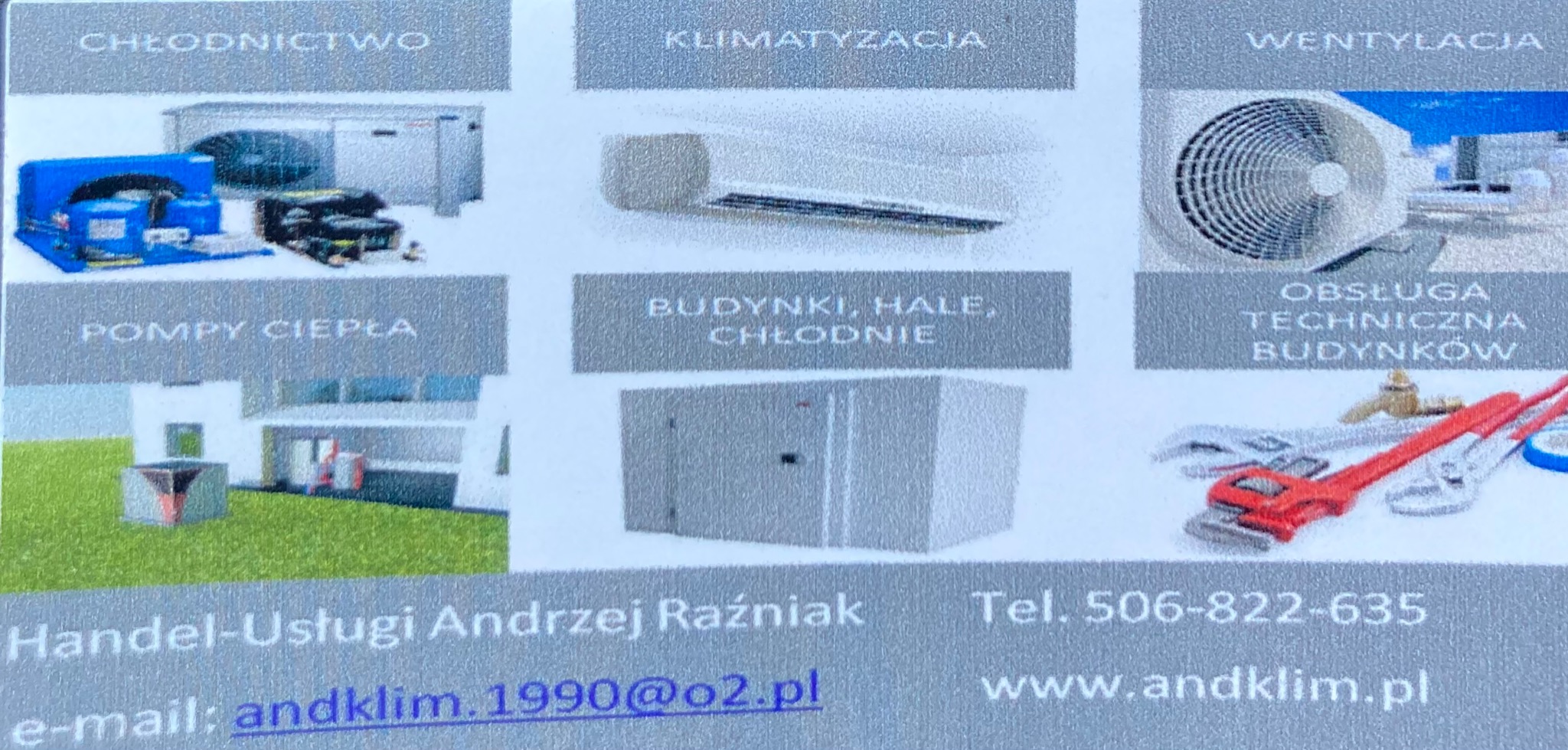 Wizytówka firmy z branży chłodnictwa, klimatyzacji i wentylacji, prezentująca zdjęcia urządzeń i instalacji, narzędzia hydrauliczne oraz dane kontaktowe.