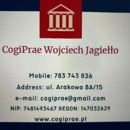 Wizytówka firmy CogiPrae Wojciech Jagiełło z adresem, numerem telefonu, adresem e-mail, NIP i REGON, z logo przedstawiającym budynek z kolumnami.