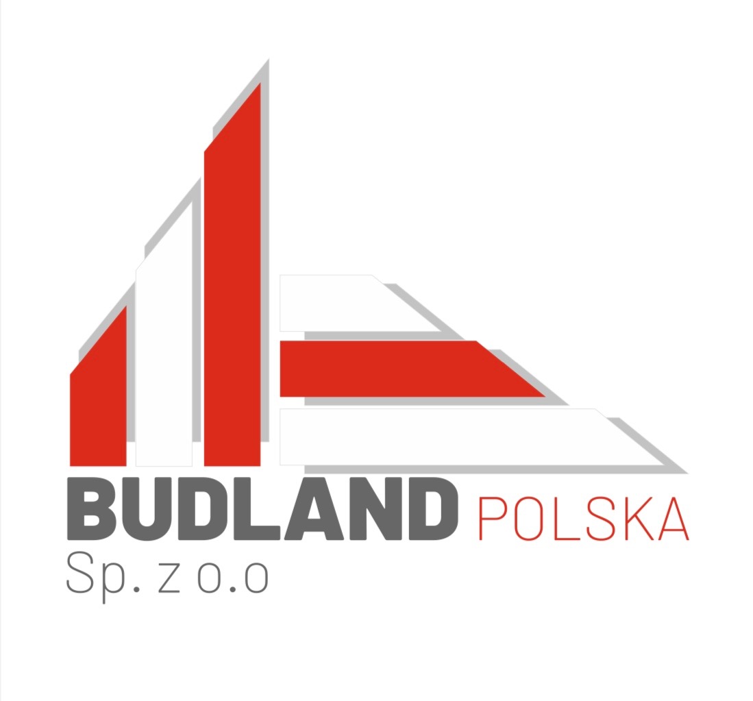 Logo firmy BUDLAND POLSKA Sp. z o.o. z abstrakcyjnym symbolem w kolorach biało-czerwonych, przypominającym budowlę.