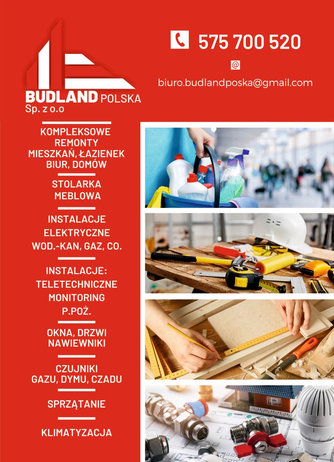 Wielobranżowa oferta: sprzątanie, remonty, instalacje, stolarka, klimatyzacja, okna. Zestawienie zdjęć narzędzi, środków czystości i planów instalacji.