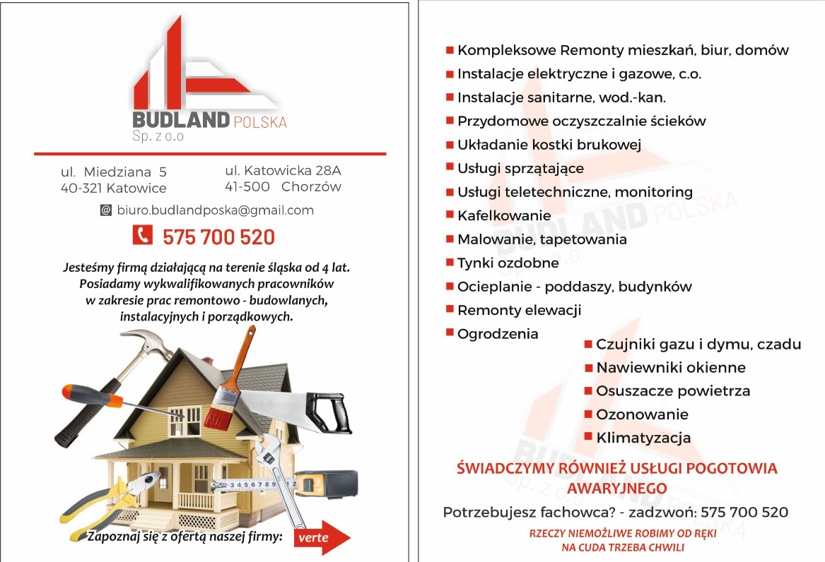 Budland Polska: kompleksowe remonty, instalacje, kostka brukowa, sprzątanie, elewacje, ocieplenia, klimatyzacja, usługi pogotowia awaryjnego. Kontakt: 575 700 520.