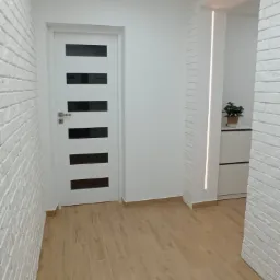 Nowoczesny korytarz z ceglaną ścianą, drewnopodobną podłogą, białą drzwiami z czarnymi szybami, oświetleniem LED w suficie i wnęce, oraz rośliną w doniczce w tle.