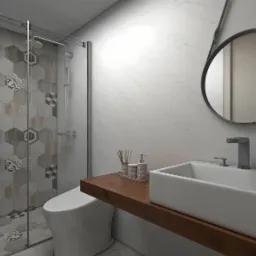 Wizualizacja nowoczesnej łazienki z kabiną prysznicową wyłożoną heksagonalnymi płytkami w odcieniach szarości i beżu, okrągłym lustrem na skórzanym pasku i prostokątną umywalką nablatową...