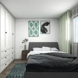 Nowoczesna sypialnia z szarą pościelą, białymi poduszkami, drewnianą podłogą, białymi szafami z czarnymi gałkami, zielonymi zasłonami i dwoma obrazami na ścianie.