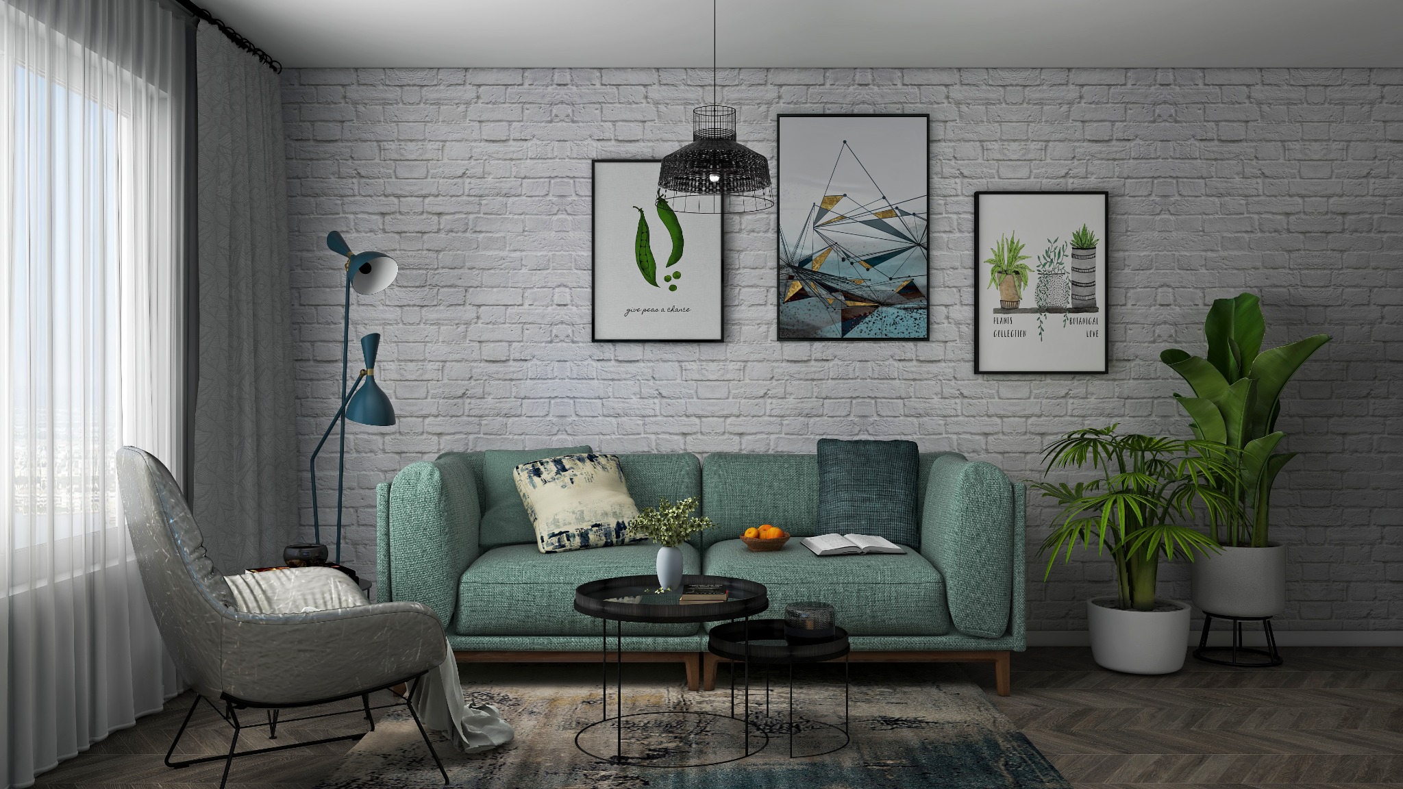 Jasne wnętrze salonu z turkusową sofą, okrągłymi stolikami kawowymi, fotel i lampą podłogową na tle ściany z białej cegły. Na ścianie wiszą trzy grafiki w czarnych ramkach.