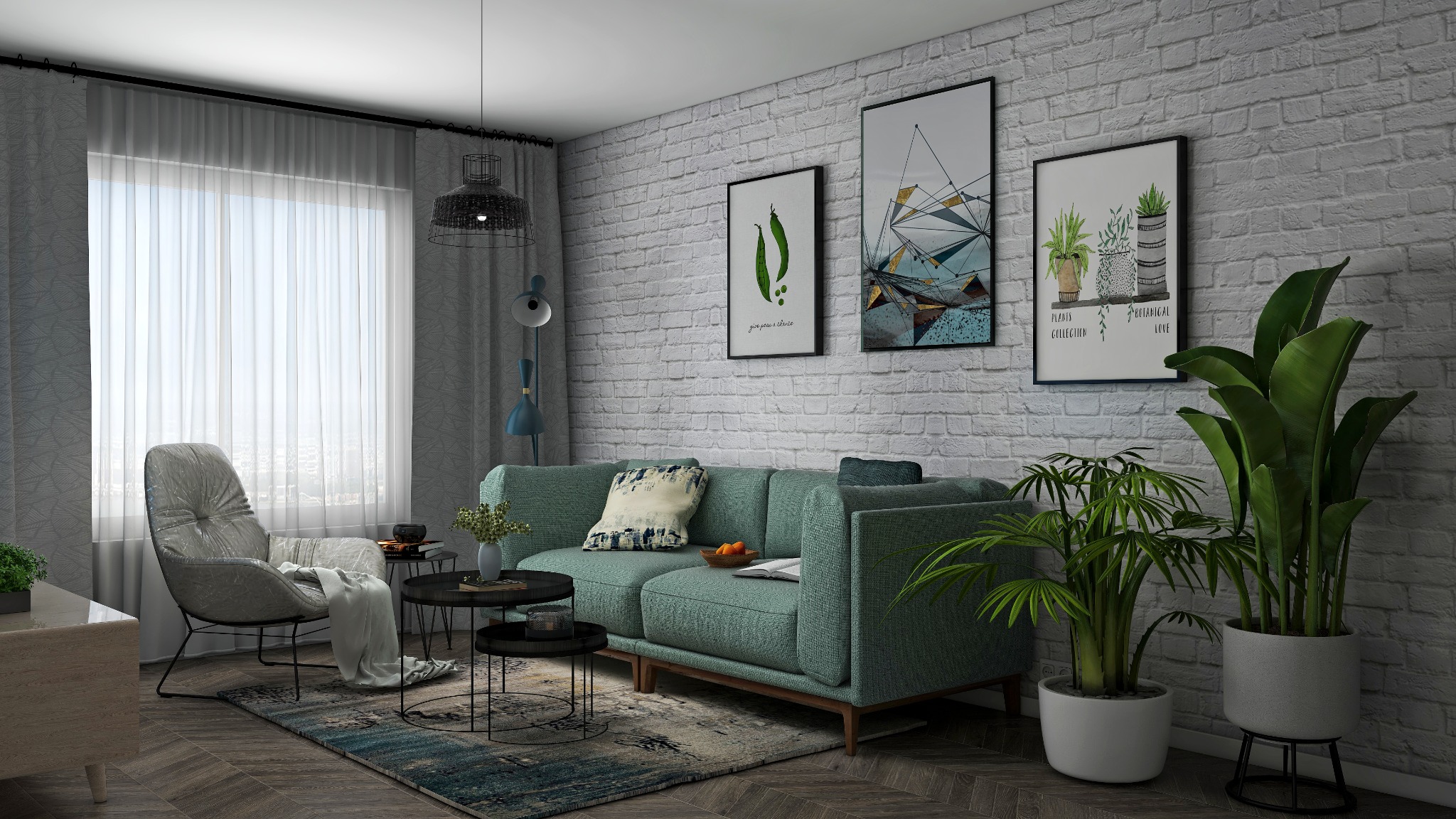 Salon w stylu skandynawskim z turkusową sofą, ceglaną ścianą i roślinami doniczkowymi, oświetlony przez okno z białymi zasłonami.