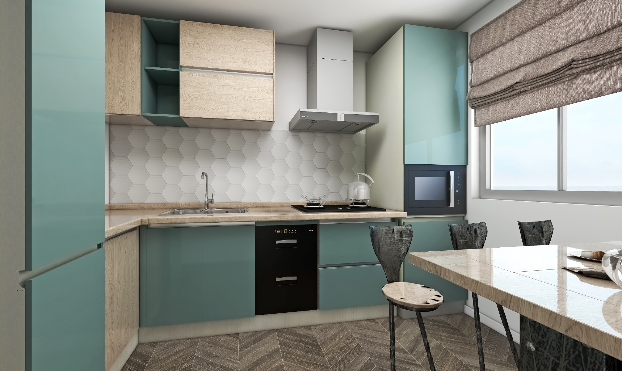 Nowoczesna kuchnia w odcieniach turkusu i drewna z heksagonalnymi płytkami na ścianie, czarnym piekarnikiem i płytą indukcyjną oraz stołem jadalnym z krzesłami o metalowej konstrukcji.
