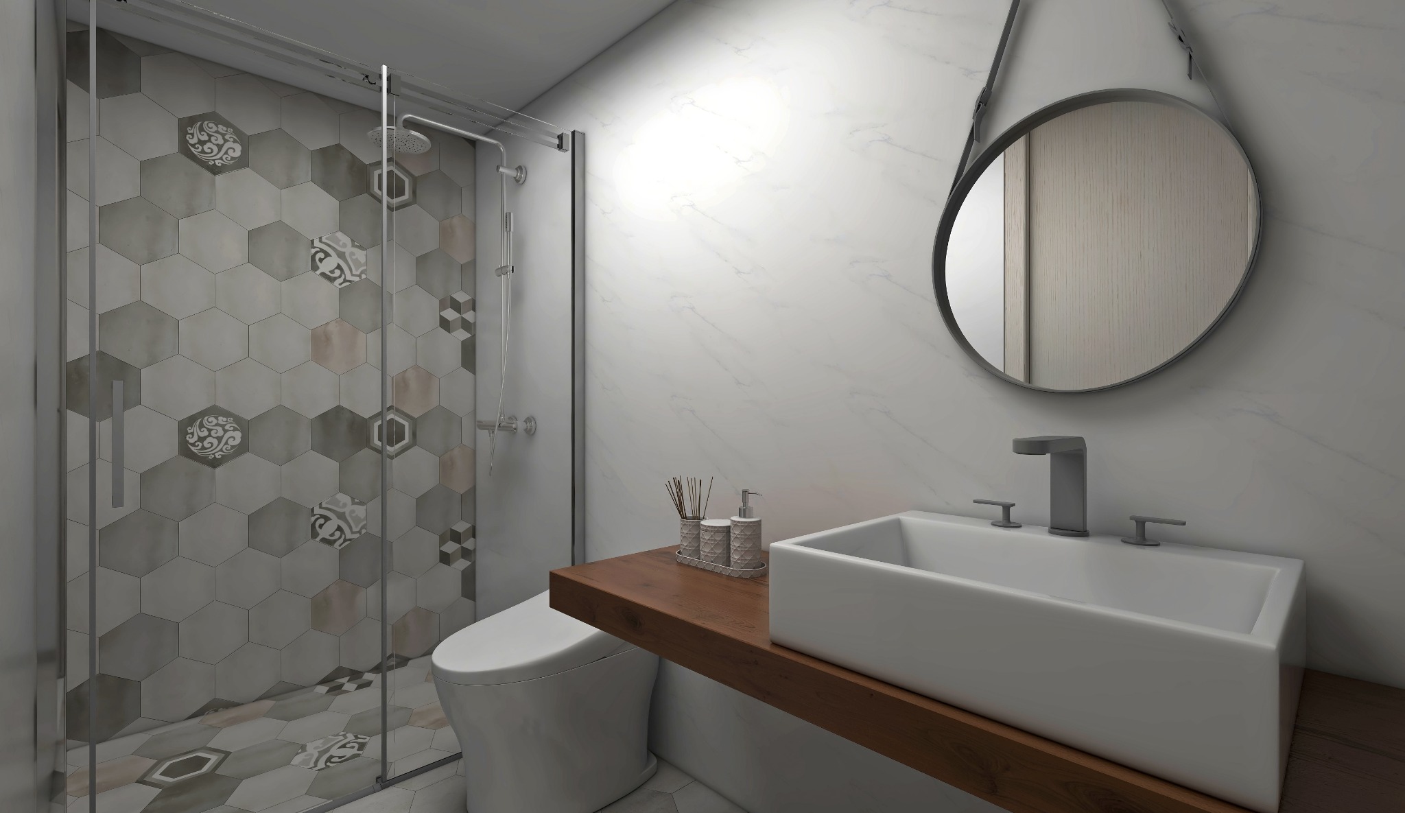 Wizualizacja nowoczesnej łazienki z kabiną prysznicową wyłożoną heksagonalnymi płytkami w odcieniach szarości i beżu, okrągłym lustrem na skórzanym pasku i prostokątną umywalką nablatową...