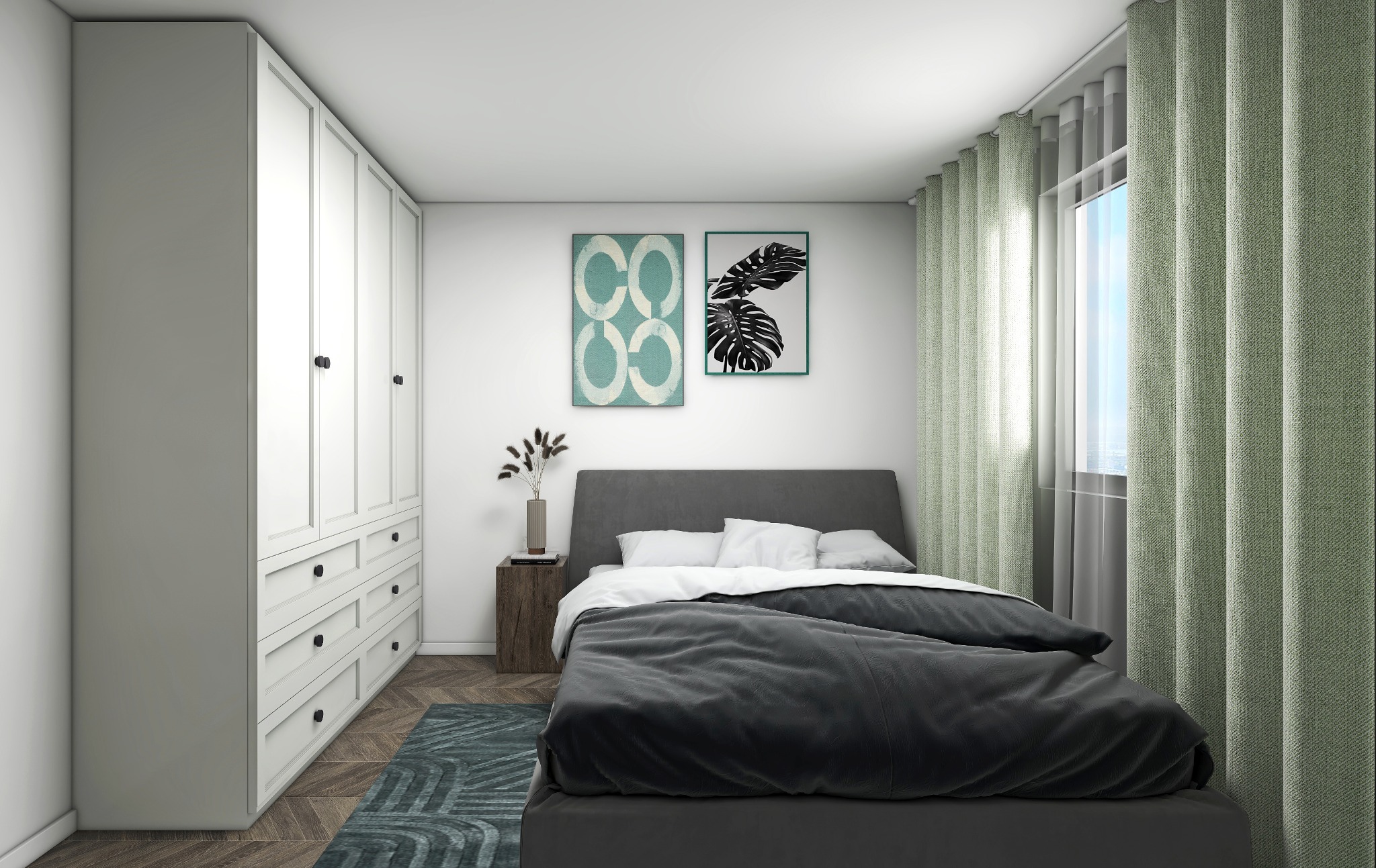Nowoczesna sypialnia z szarą pościelą, białymi poduszkami, drewnianą podłogą, białymi szafami z czarnymi gałkami, zielonymi zasłonami i dwoma obrazami na ścianie.