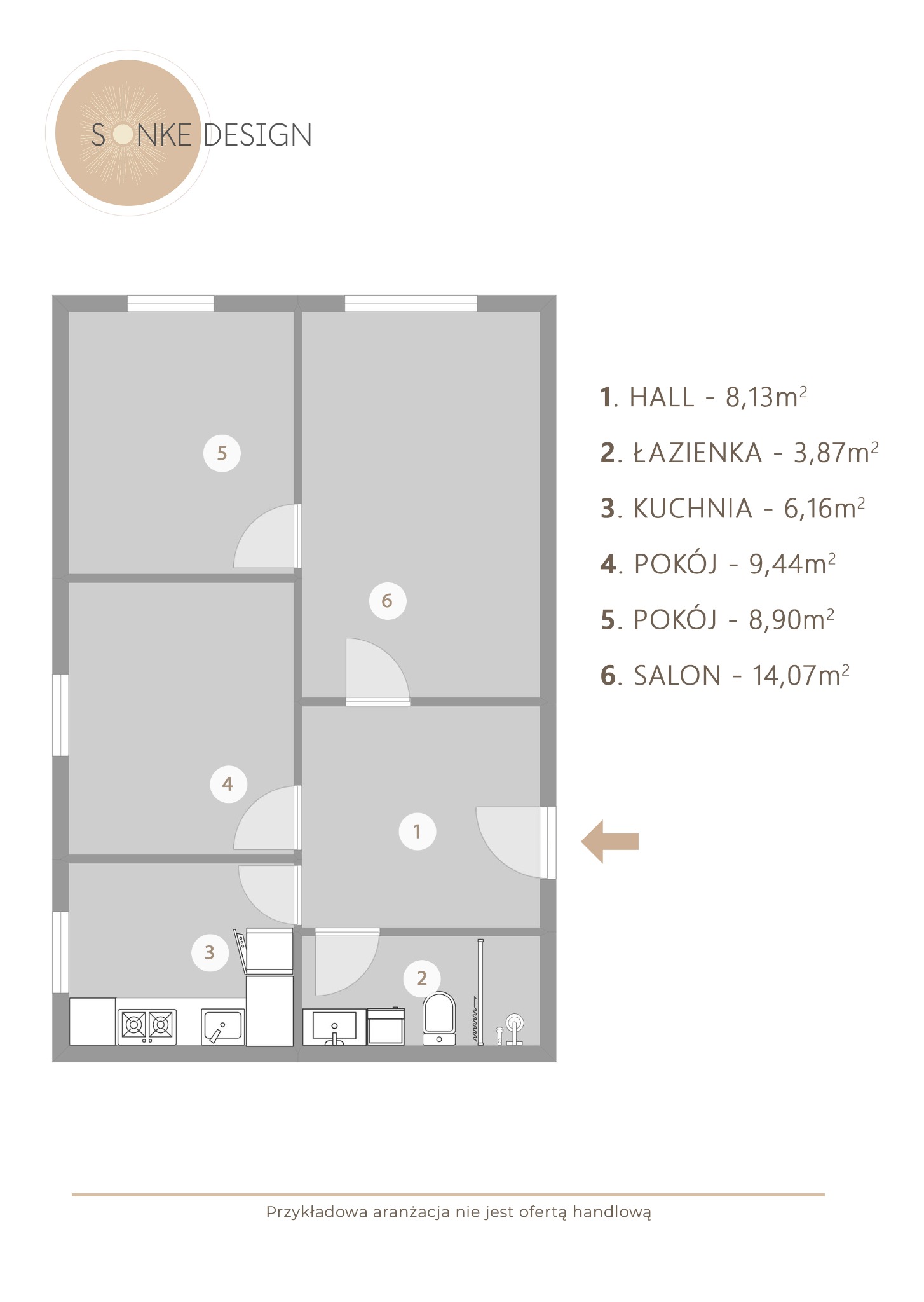 Schemat mieszkania z podziałem na pomieszczenia: hall, łazienka, kuchnia, pokoje i salon, z oznaczonymi metrażami, prezentowany przez Sonke Design.