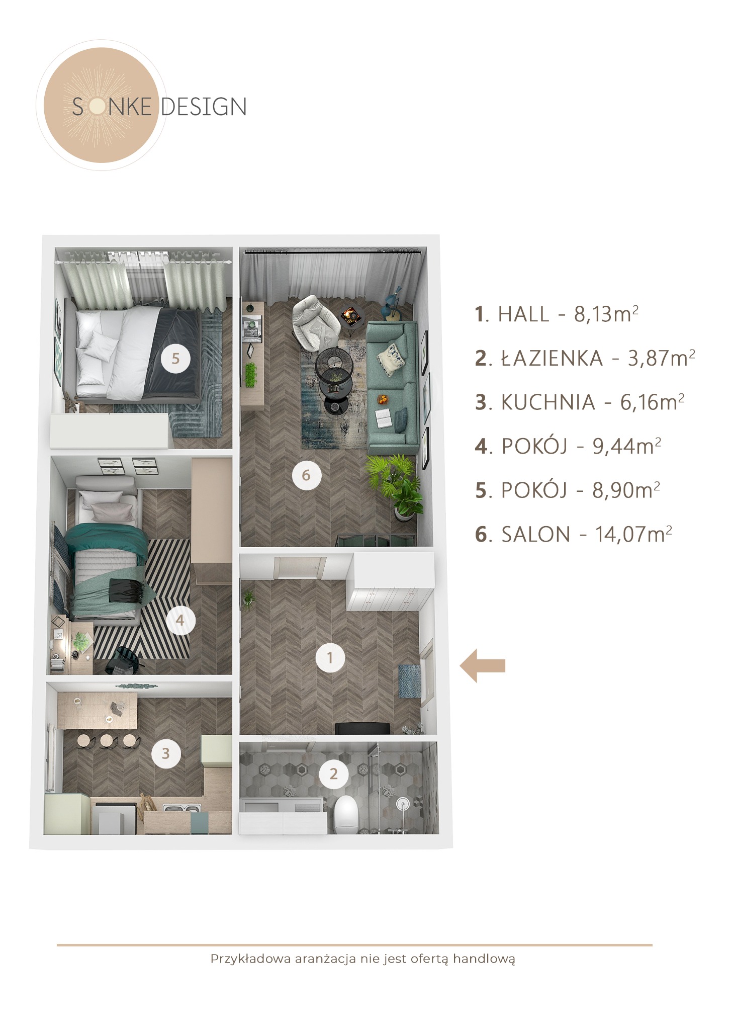 Plan mieszkania z góry ukazujący hall, łazienkę, kuchnię, dwa pokoje i salon, z zaznaczonymi powierzchniami w metrach kwadratowych, wykończony parkietem w jodełkę.