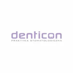 Logo denticon - praktyka stomatologiczna, fioletowy napis na białym tle.