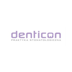 Logo denticon - praktyka stomatologiczna, fioletowy napis na białym tle.