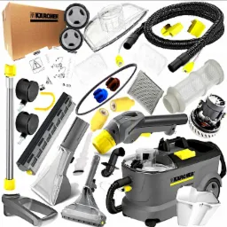 Zestaw akcesori&oacute;w do odkurzacza piorącego K&auml;rcher Professional z r&oacute;żnymi dyszami, filtrami, wężem, kołami i instrukcją, rozłożony na białym tle.