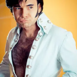 Mężczyzna w kostiumie scenicznym w stylu Elvisa Presleya, z charakterystyczną fryzurą i bokobrodami, ubrany w rozpiętą koszulę z ozdobnymi guzikami, na jednolitym żółtym tle.