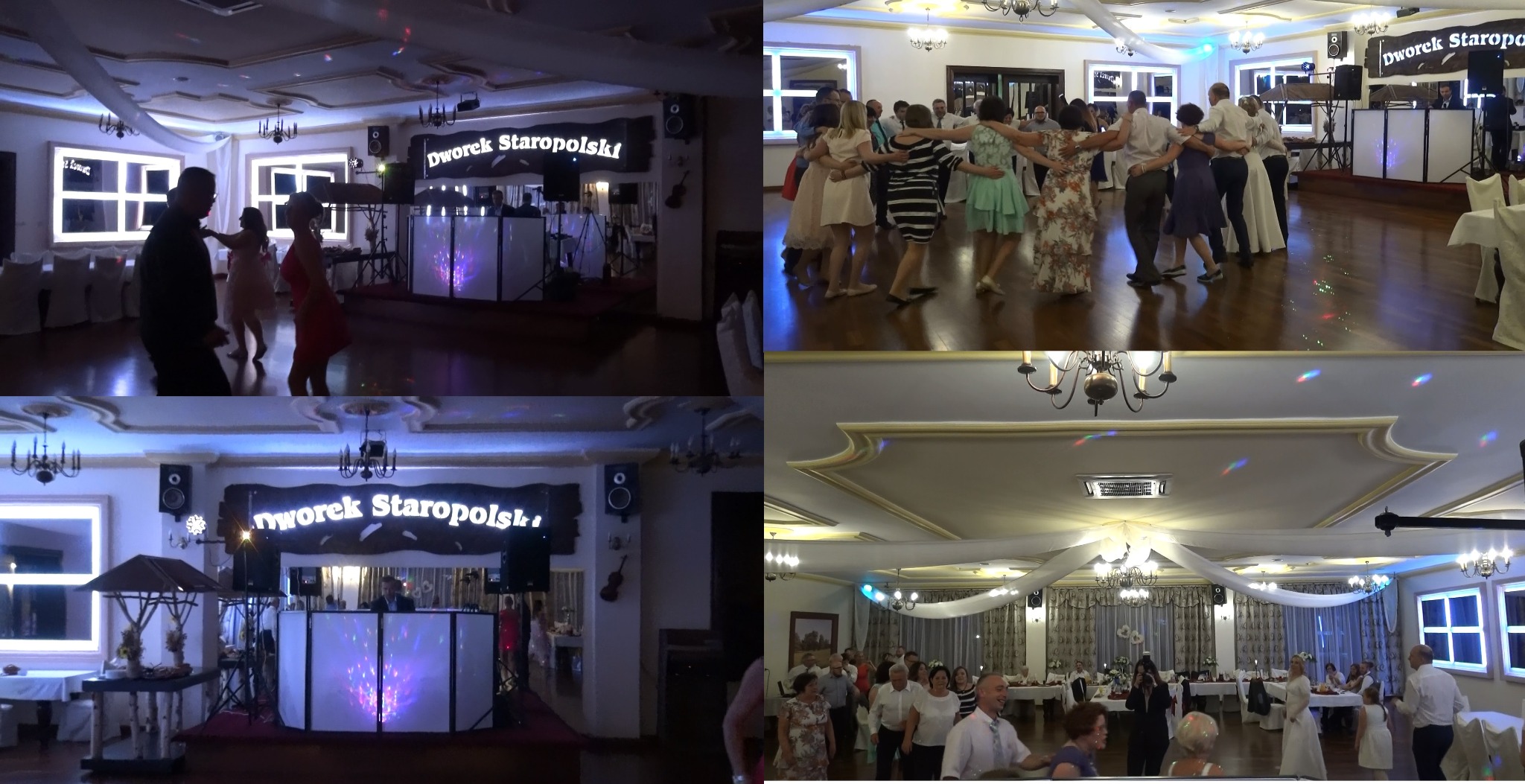 Sala balowa 'Dworek Staropolski' z tańczącymi gośćmi i oświetleniem dyskotekowym, widoczny DJ za podświetlonym stanowiskiem.